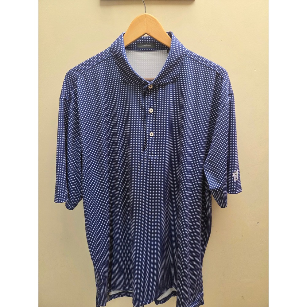 Turtleson Mens XL Blue White Micro‎ Check Performance Golf Polo Shirt 1917 Logo
